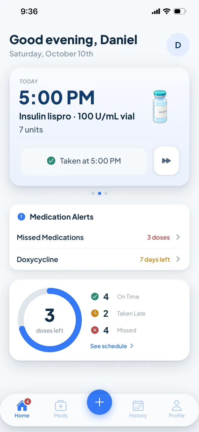 Home screen showing today’s 5:00 PM insulin dose marked taken, and a progress ring with 3 doses left plus on time, taken late, and missed counts
